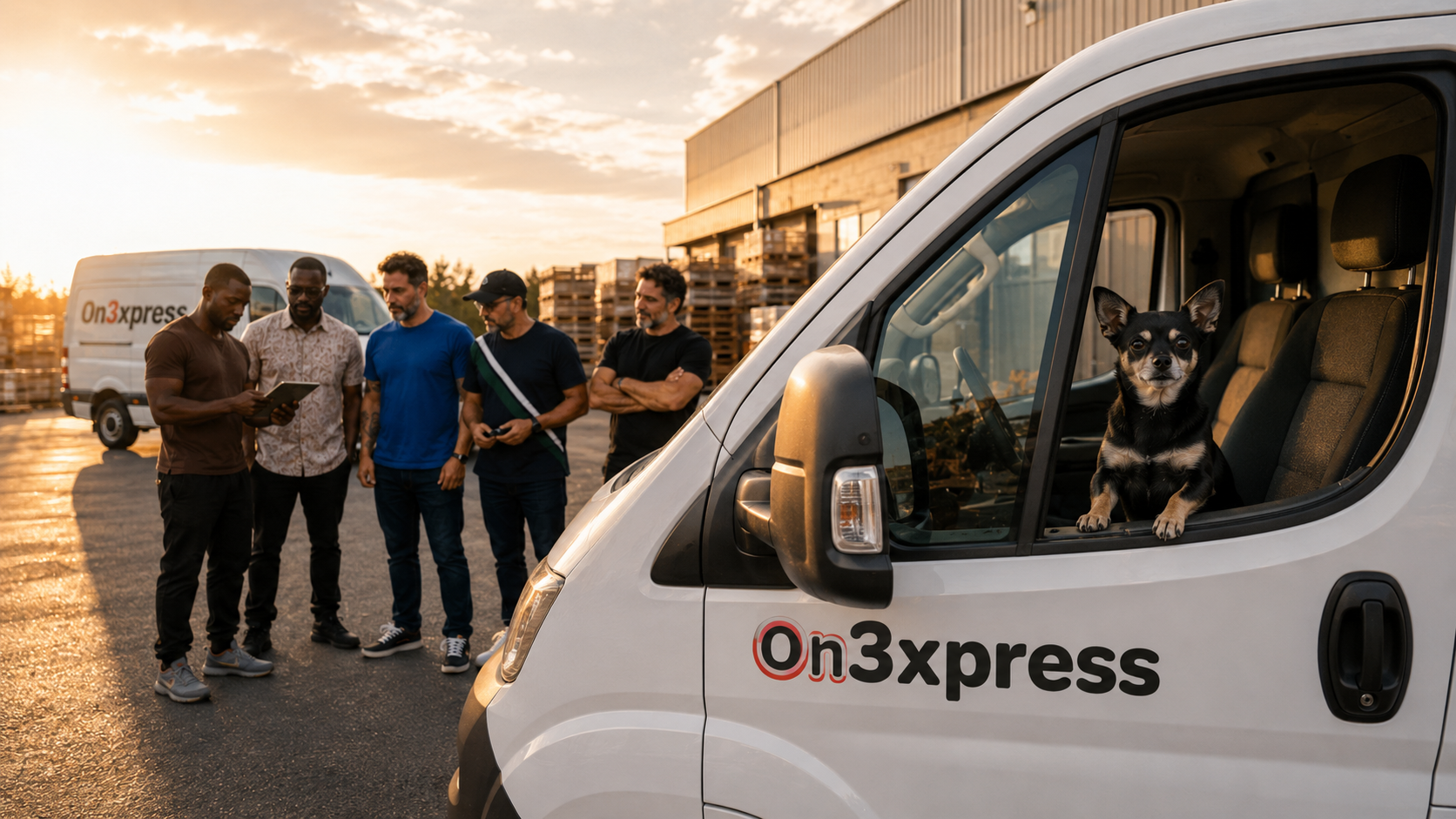 Equipo de repartidores On3xpress junto a la flota